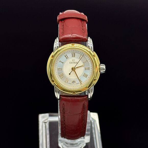 Gevril Red Leather Band 18k Stainless Steel Women’s Watch #1315 - Picture 3 of 12